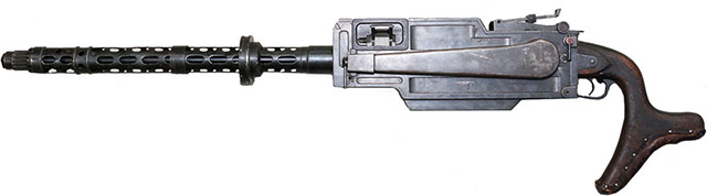 Пулемёт Максима-Колесникова имел хорошо узнаваемый из-за оригинального приклада внешний вид