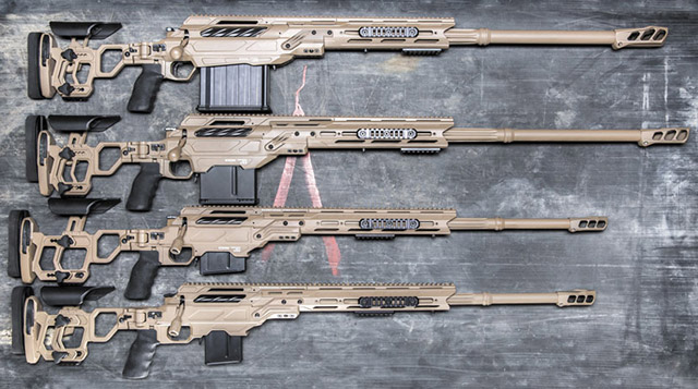 Линейка винтовок Cadex Defence. Снизу вверх: CDX-30 Guardian Lite, CDX-33 Patriot Lite, CDX-40 Shadow, CDX-50 Tremor