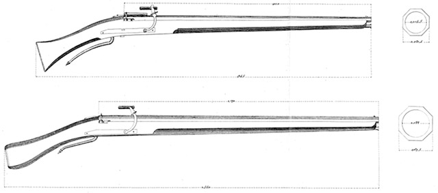 Испанские аркебуза и мушкет, сделанные почти наверняка позднее, ближе к 
середине XVI века. В змейках зажаты куски фитиля. Калибры: 16,5 мм и 22 
мм; полная длина: 1,365 м и 1,560 м соответственно