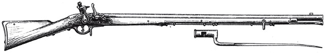 Рис. 8. Английское пехотное ружье М1794 (образца 1794). Рядом изображен штык при виде сверху. Его острие отведено оси трубки для удобства заряжания (при запыживании заряда рука стрелка в меньшей степени подвержена возможности соприкосновения с лезвием штыка)
