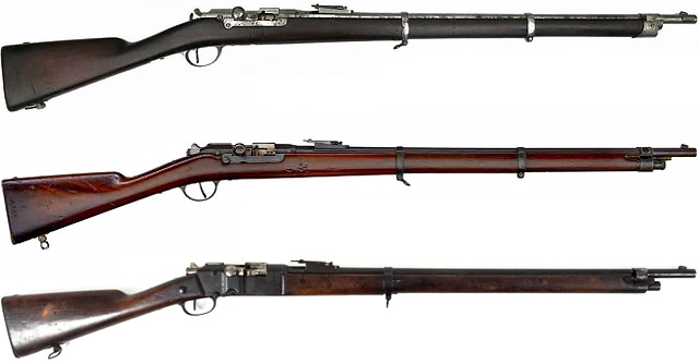 Сверху - вниз: Fusil de Marine Mle 1878, Fusil d'Infanterie Mle 1884, Fusil d'Infanterie Mle 1885