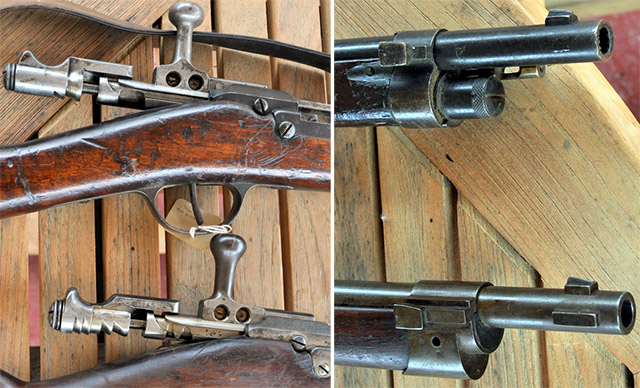 Отличия флотской модели от пехотной модели: снизу - Fusil de Marine Mle 1878, сверху - Fusil d'Infanterie Mle 1884
