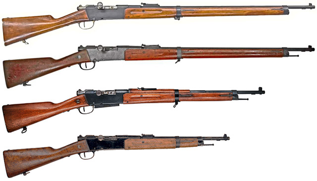 Сверху - вниз: Fusil d'Infanterie Mle 1886, Fusil d'Infanterie Mle 1886 
М93, Fusil d'Infanterie Mle 1886 М93 М27, Mousqueton Mle 1886 M93 R35