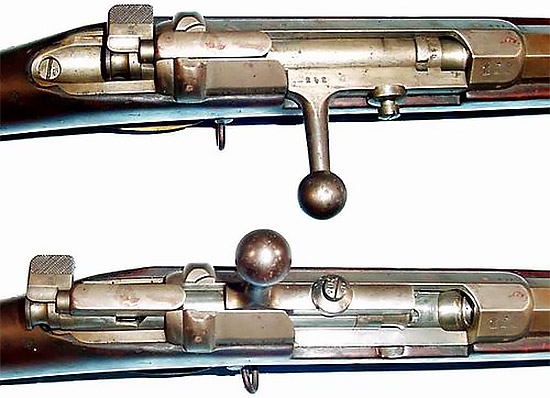 Затвор Mauser M 1871 в закрытом (сверху) и открытом (снизу) состоянии